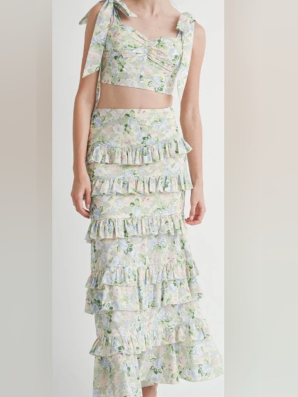 Green Floral Ruffle Skirt and Halter Top Set in Pastel Green: Size Medium